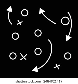soccer tactics icon. Soccer strategy field, football game tactic drawing on chalkboard. Hand drawn soccer game scheme, learning diagram with arrows and players on board. Eps 10.