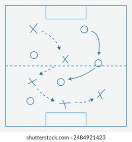 soccer tactics icon. Soccer strategy field, football game tactic drawing on chalkboard. Hand drawn soccer game scheme, learning diagram with arrows and players on board. Eps 10.