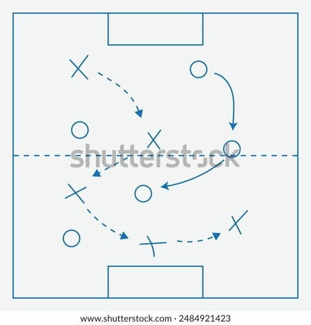 soccer tactics icon. Soccer strategy field, football game tactic drawing on chalkboard. Hand drawn soccer game scheme, learning diagram with arrows and players on board. Eps 10.