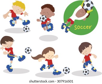 A soccer team. Each player practicing with a soccer ball.