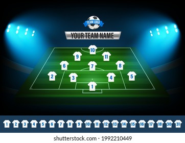 Soccer team formation template. Illuminated football stadium with players numbers