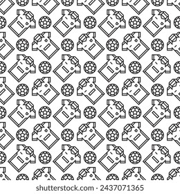 Soccer team front view short sleeve jersey outline icon with ball outline icon vector square seamless pattern. Football texture.