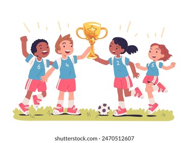 Soccer team hold cup. Children football players victory cheers celebration, kid handsome footballer character sport cup trophy school boy celebrate win, classy vector illustration of team cup award