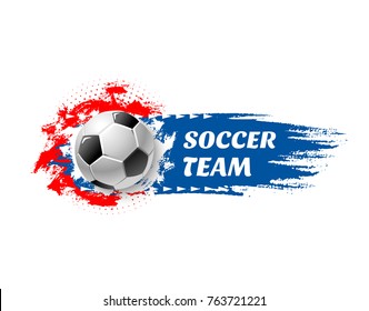 Soccer team icon for football sport game championship or college league tournament. Vector football or soccer ball for champion goal badge on red, blue and white color background