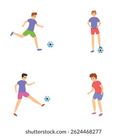 Soccer team icons set cartoon vector. Football player kick ball with foot. Sport, hobby