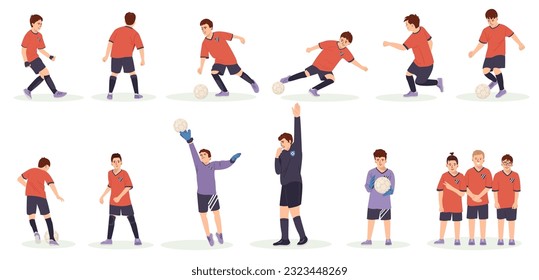 Fußballteam Kinder setzen Boys aus der Fußballmannschaft tragen gleichmäßiges Spiel, Teenagersportler treten den Ball. Cartoon, Vektorgrafik, Illustration einzeln auf weißem Hintergrund.