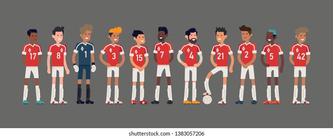 Soccer Team Lineup Vector Illustration In Trendy Flat Style. Character Design On 11 Football Players Group Including Goalkeeper