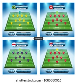 Soccer team player plan. Group E with flags BRAZIL, SWITZERLAND, COSTA RICA, SERBIA. Vector illustration.