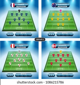 Soccer team player plan. Group C with flags FRANCE, AUSTRALIA, PERU, DENMARK. Vector illustration.