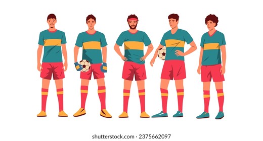 Soccer team players. Cartoon male characters in uniform standing together, group of active guys in sport clothes. Vector collection. People athletes in sportswear with balls, sporty men