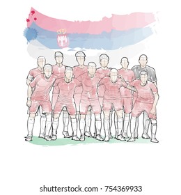 soccer team pose for a photo before the soccer match with Serbia flag. watercolour style. hand drawn illustration of football team.