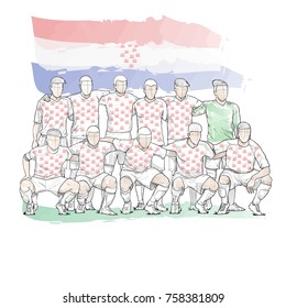 soccer team pose for a photo before the soccer match with Croatia flag. watercolour style. hand drawn illustration of football team.