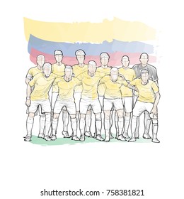 soccer team pose for a photo before the soccer match with Colombia flag. watercolour style. hand drawn illustration of football team.