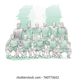 soccer team pose for a photo before the soccer match with Nigeria flag. watercolour style. hand drawn illustration of football team.