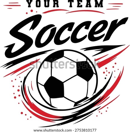Soccer Team Shirt with dynamic soccer ball and red swoosh graphic, vector illustration for t-shirts, mugs, crafts, and digital download.