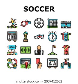 Soccer Team Sport Game On Stadium Icons Set Vector. Soccer Match Competition On Field And Sportive Strategy, Ball And Fan Attributes, Player And Arbitrator Line. Color Illustrations