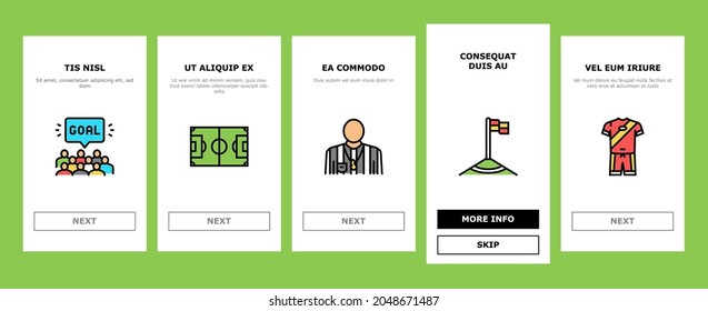 Soccer Team Sport Game On Stadium Onboarding Mobile App Page Screen Vector. Soccer Match Competition On Field And Sportive Strategy, Ball And Fan Attributes, Player And Arbitrator Illustrations