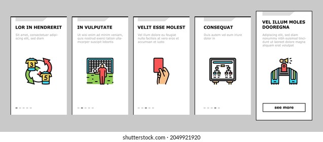 Soccer Team Sport Game On Stadium Onboarding Mobile App Page Screen Vector. Soccer Match Competition On Field And Sportive Strategy, Ball And Fan Attributes, Player And Arbitrator Illustrations