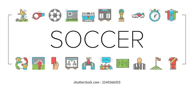 Soccer Team Sport Game On Stadium Icons Set Vector. Soccer Match Competition On Field And Sportive Strategy, Ball And Fan Attributes, Player And Arbitrator Line. Color Illustrations