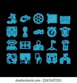Soccer Team Sport Game On Stadium neon light sign vector. Soccer Match Competition On Field And Sportive Strategy, Ball And Fan Attributes, Player And Arbitrator Illustrations