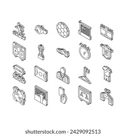 Soccer Team Sport Game On Stadium isometric icons set. Soccer Match Competition On Field And Sportive Strategy, Ball And Fan Attributes, Player And Arbitrator Line. Color .