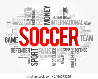 Soccer - a team sport played between two teams of eleven players using a spherical ball, word cloud concept background