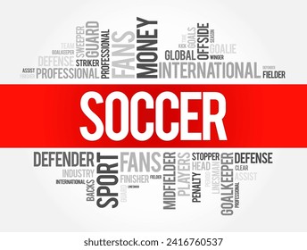 Soccer - a team sport played between two teams of eleven players using a spherical ball, word cloud concept background