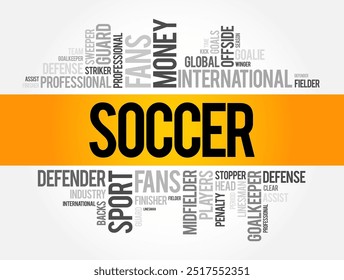 Soccer - a team sport played between two teams of eleven players using a spherical ball, word cloud concept background