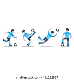 Soccer team uniform, different football players kicking ball, goalkeeper catching ball, defender, forward, midfielder. Flat design vector illustration, isolated on white