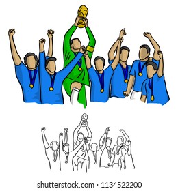 soccer team winner in blue jersey shirt holding goal trophy vector illustration sketch doodle hand drawn with black lines isolated on white background