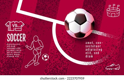 Diseño de plantilla de fútbol, banner de fútbol, diseño deportivo, tema rojo, vector