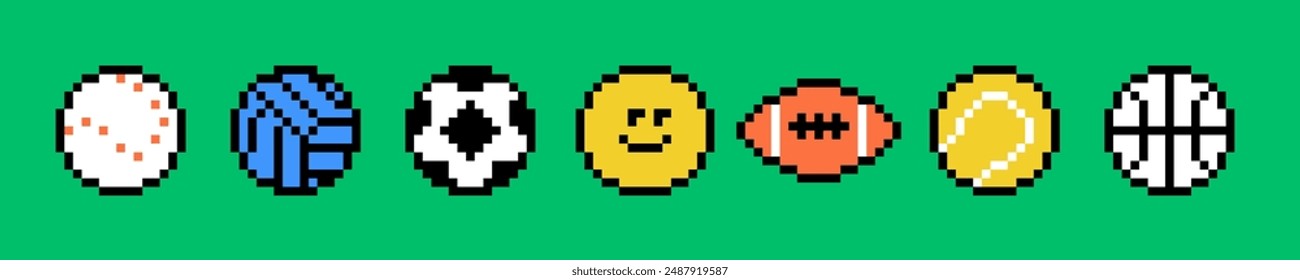 Soccer, tennis, baseball, football, basketball, volleyball icon set. Play balls pixel art pattern.Y2k trendy playful pixelated stickers. Mood of 90's aesthetics. 8-bit retro style vector illustration