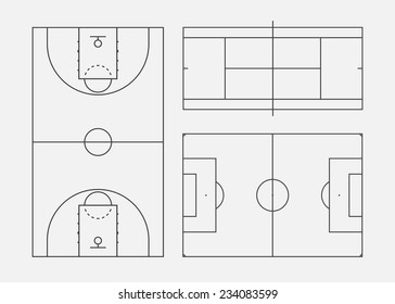 Soccer, tennis and basketball fields. Vector illustration, eps 8.