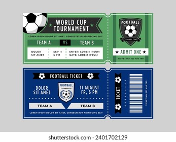 Soccer ticket. Football match entry pass with soccer ball emblem, sport event vector design template. Illustration of football pass entry, soccer ticket