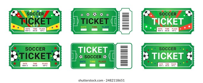 Soccer ticket pass set. Football championship tournament game invitation coupon symbol. Vector illustration isolated on white background