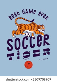 Soccer tiger. Football tiger and a palm-tree vintage typography silkscreen t-shirt print vector illustration.