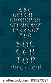 Soccer Top Hand Drawn Cyrillic Style Silver Font with Sport Trophy Shape Lettering - Silver Caps and Numerals on Turquoise Football Ball Texture Background - Vector Crafted Typography Design