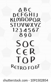 Soccer Top Hand Drawn Retro Cyrillic Style Font with Sport Trophy Shape Lettering - Black Caps and Numerals on Football Ball Texture Background - Vector Crafted Typography Design