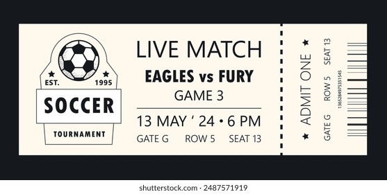 Soccer torn-off ticket template. Vector illustration of entrance ticket for soccer play. Modern linear badge design with ball. Editable stroke.