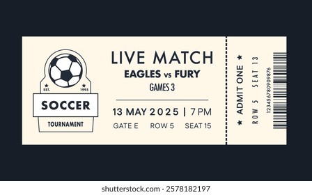 Soccer torn-off ticket template. Vector illustration of entrance ticket for soccer play. Modern linear badge design with ball. Editable stroke.