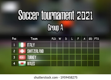 Soccer tournament 2021. Design pattern standings football championship group A. Countries flags. Vector illustration