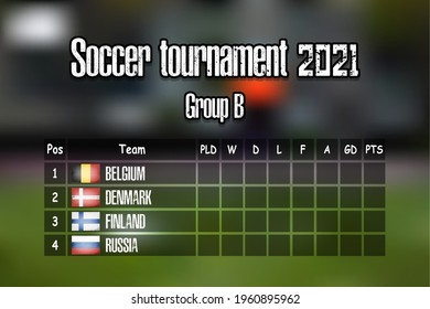 Soccer tournament 2021. Design pattern standings football championship group B. Countries flags. Vector illustration