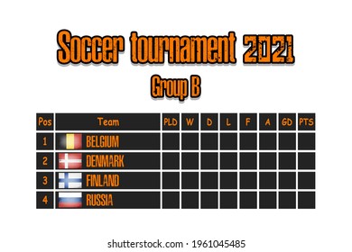 Soccer tournament 2021. Design pattern standings football championship group B. Countries flags. Vector illustration