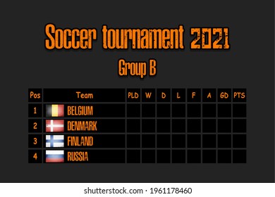 Soccer tournament 2021. Design pattern standings football championship group B. Countries flags. Vector illustration
