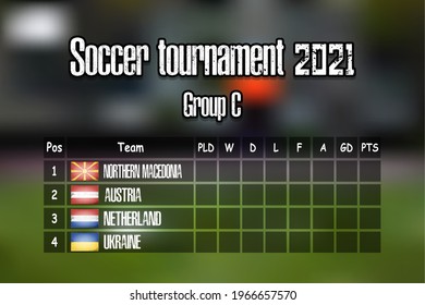 Soccer tournament 2021. Design pattern standings football championship group C. Countries flags. Vector illustration