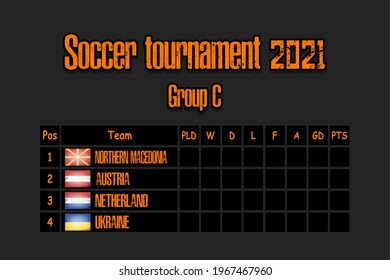 Soccer tournament 2021. Design pattern standings football championship group C. Countries flags. Vector illustration