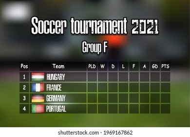 Soccer tournament 2021. Design pattern standings football championship group F. Countries flags. Vector illustration
