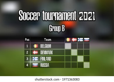 Soccer tournament 2021. Design pattern standings football championship group B. Countries flags. Vector illustration