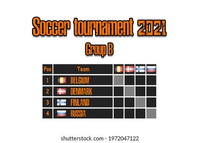 Soccer tournament 2021. Design pattern standings football championship group B. Countries flags. Vector illustration
