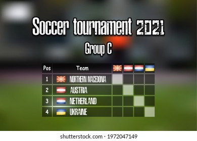 Soccer tournament 2021. Design pattern standings football championship group C. Countries flags. Vector illustration